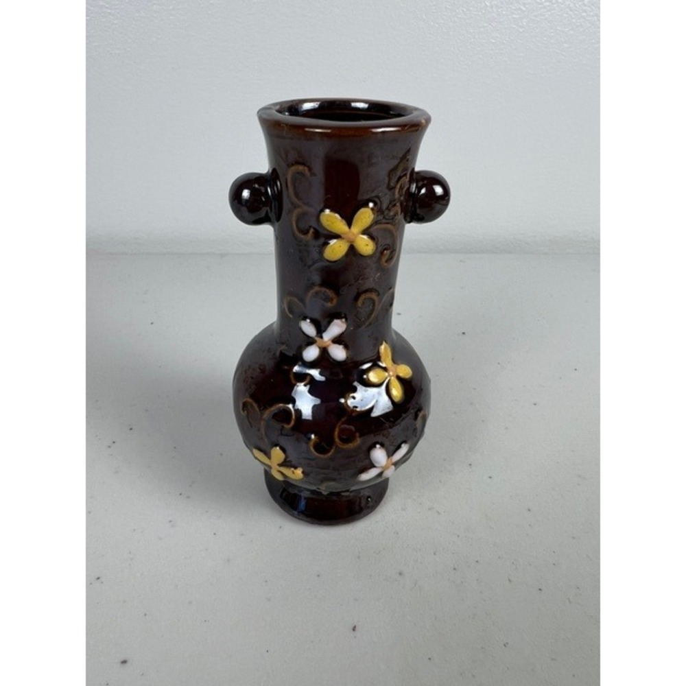 Vintage Made in Occupied Japan Miniature Bud Vase Brown‎ Moriage Floral 4 Inch